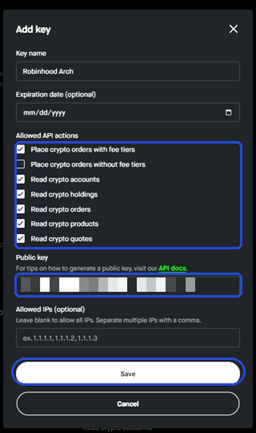 Robinhood Add key dialog with one Place crypto orders option and all five Read options ticked, and the public key pasted