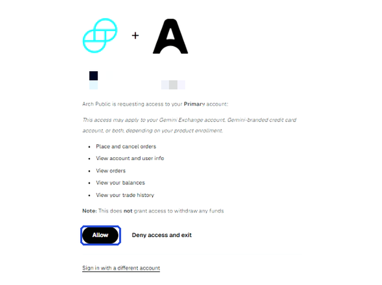 Gemini authorization page listing the permissions, with the Allow button
