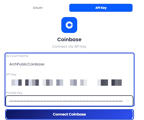 Arch Public panel with the account name, API key and private key filled in, and the Connect Coinbase button