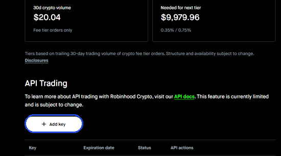 Robinhood API Trading section with the Add key button