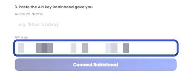 Arch Public panel with the Robinhood API key pasted into the API Key field