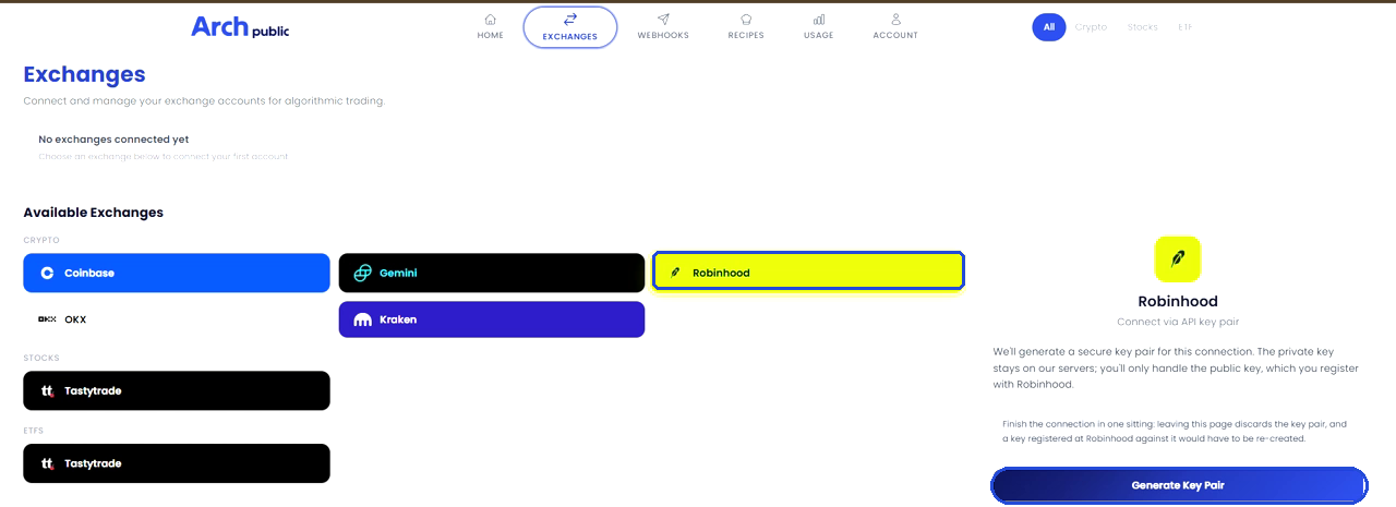 Exchanges page with Robinhood selected and the Generate Key Pair button
