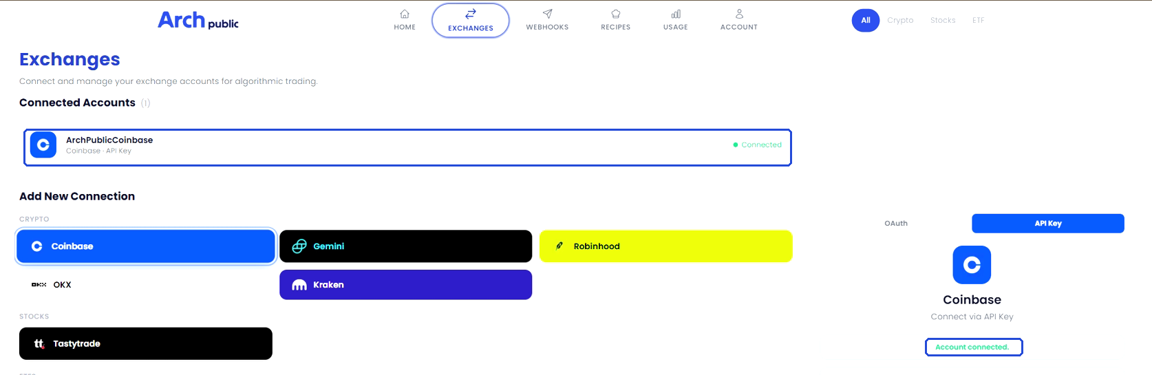 Exchanges page showing the Coinbase account under Connected Accounts