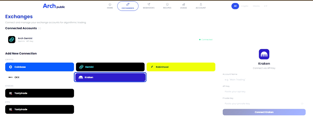 Exchanges page with Kraken selected and the API key panel on the right