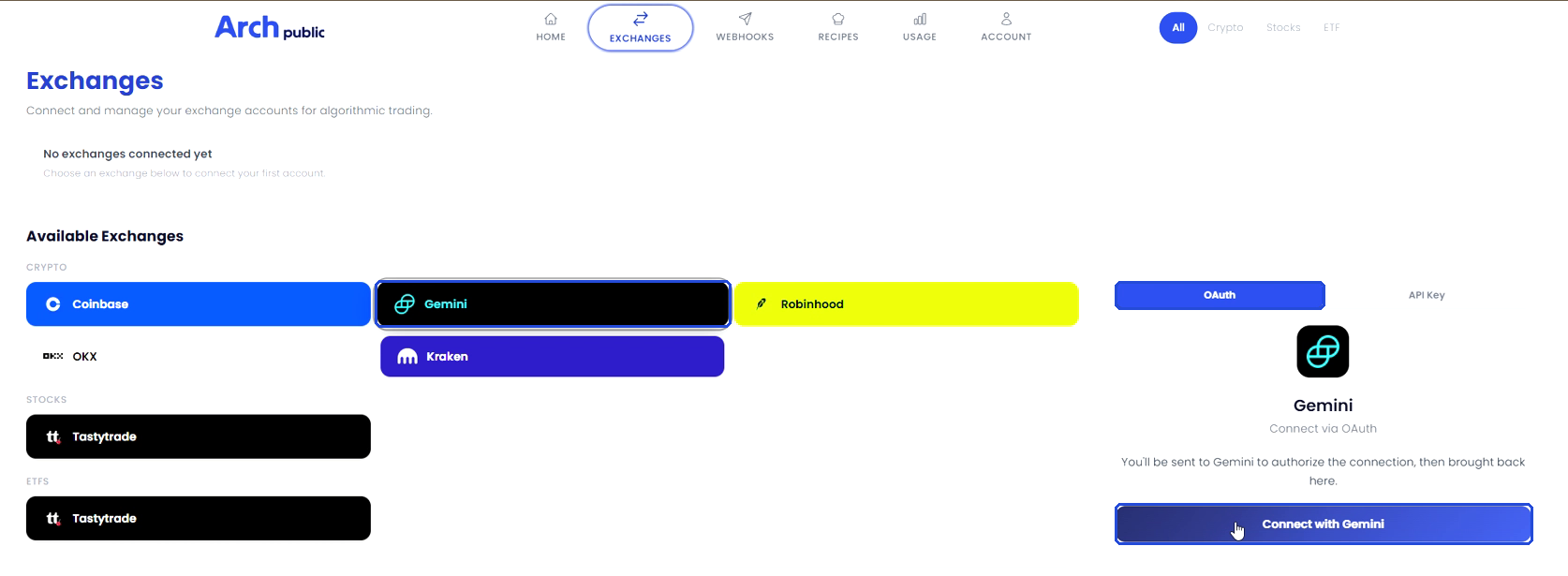 Exchanges page with Gemini selected, the OAuth option, and the Connect with Gemini button
