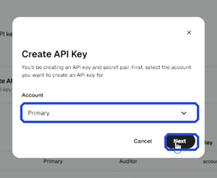 Create API Key dialog with the account selector and the Next button