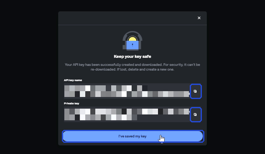 Coinbase shows the API key name and private key with copy buttons next to each