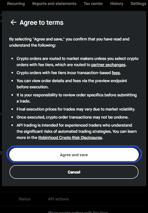 Robinhood Agree to terms dialog with the Agree and save button