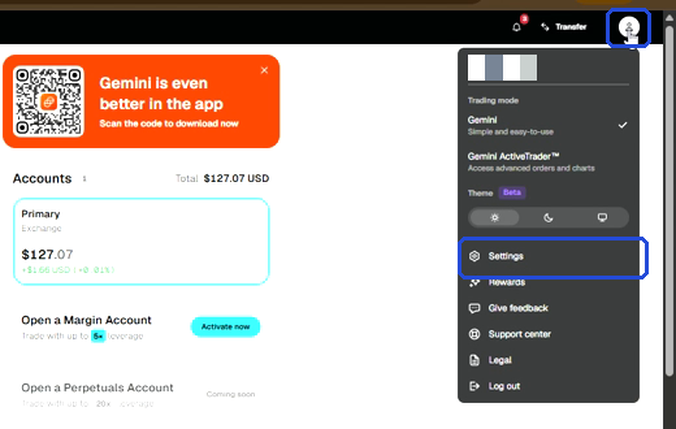 Gemini profile menu with Settings highlighted