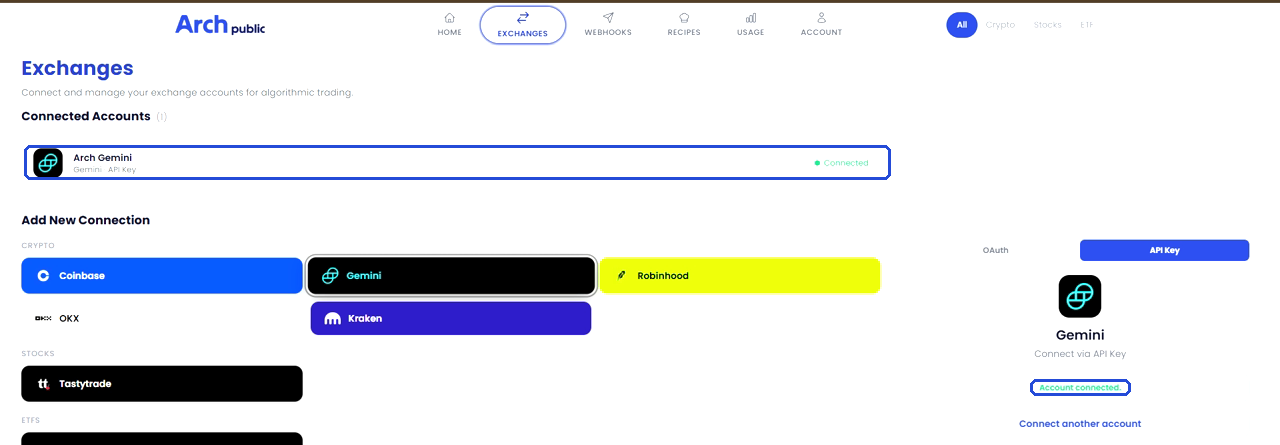 Exchanges page showing the Gemini account under Connected Accounts