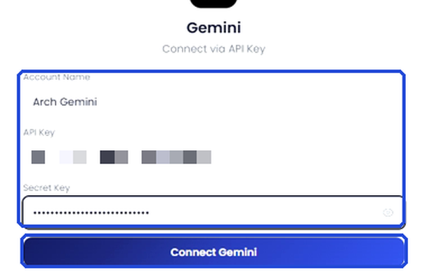 Arch Public panel with the account name, API key and secret key filled in, and the Connect Gemini button