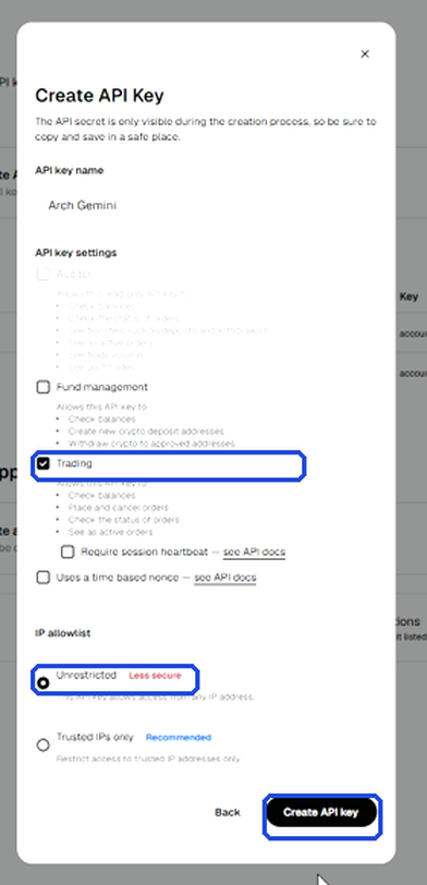 Create API Key form with Trading ticked, Unrestricted selected, and the Create API key button