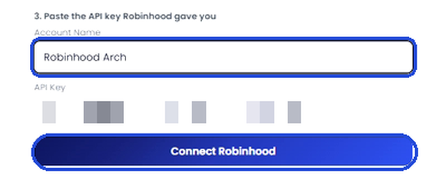 Arch Public panel with the account name and API key filled in, and the Connect Robinhood button highlighted