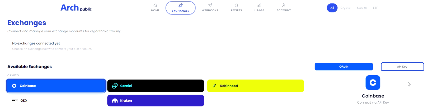 Exchanges page with Coinbase selected and the API Key option on the right